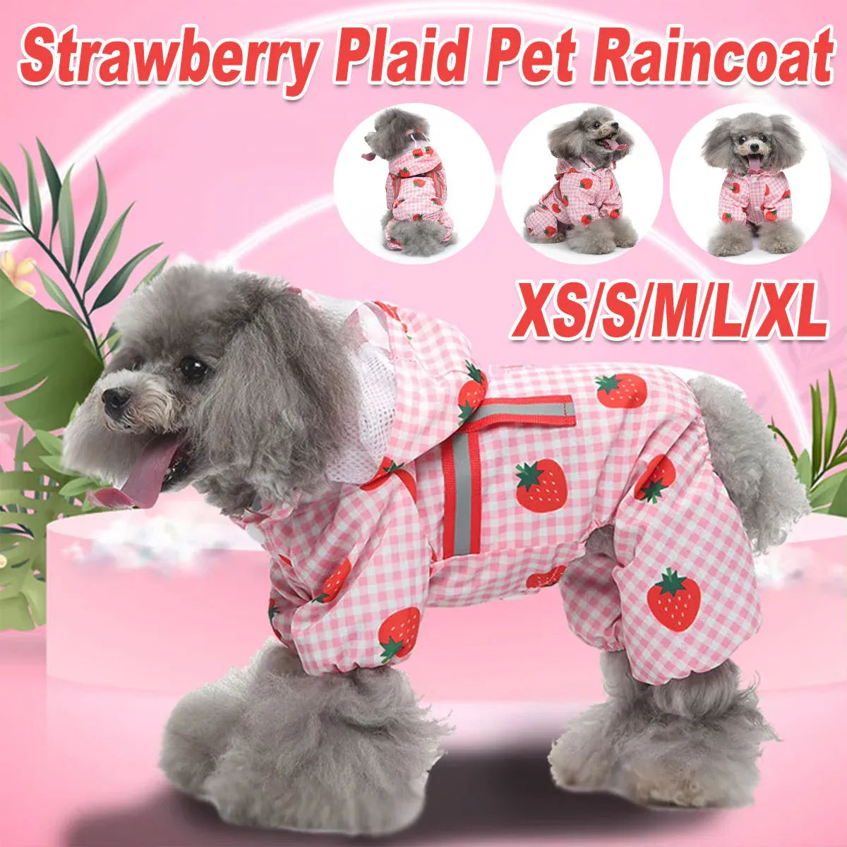 Strawberry Checkered Cat Raincoat Outdoor Rainy Days Dog Raincoat Fashionable - XS