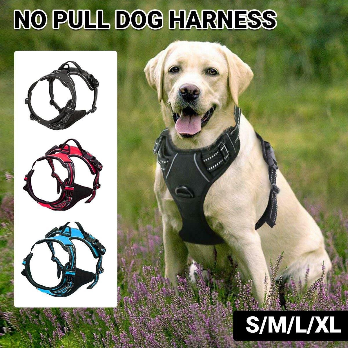 Adjustable No-Pull Dog Harness Vest S-XL Reflective Pet Training Outdoor Handle - Red-L