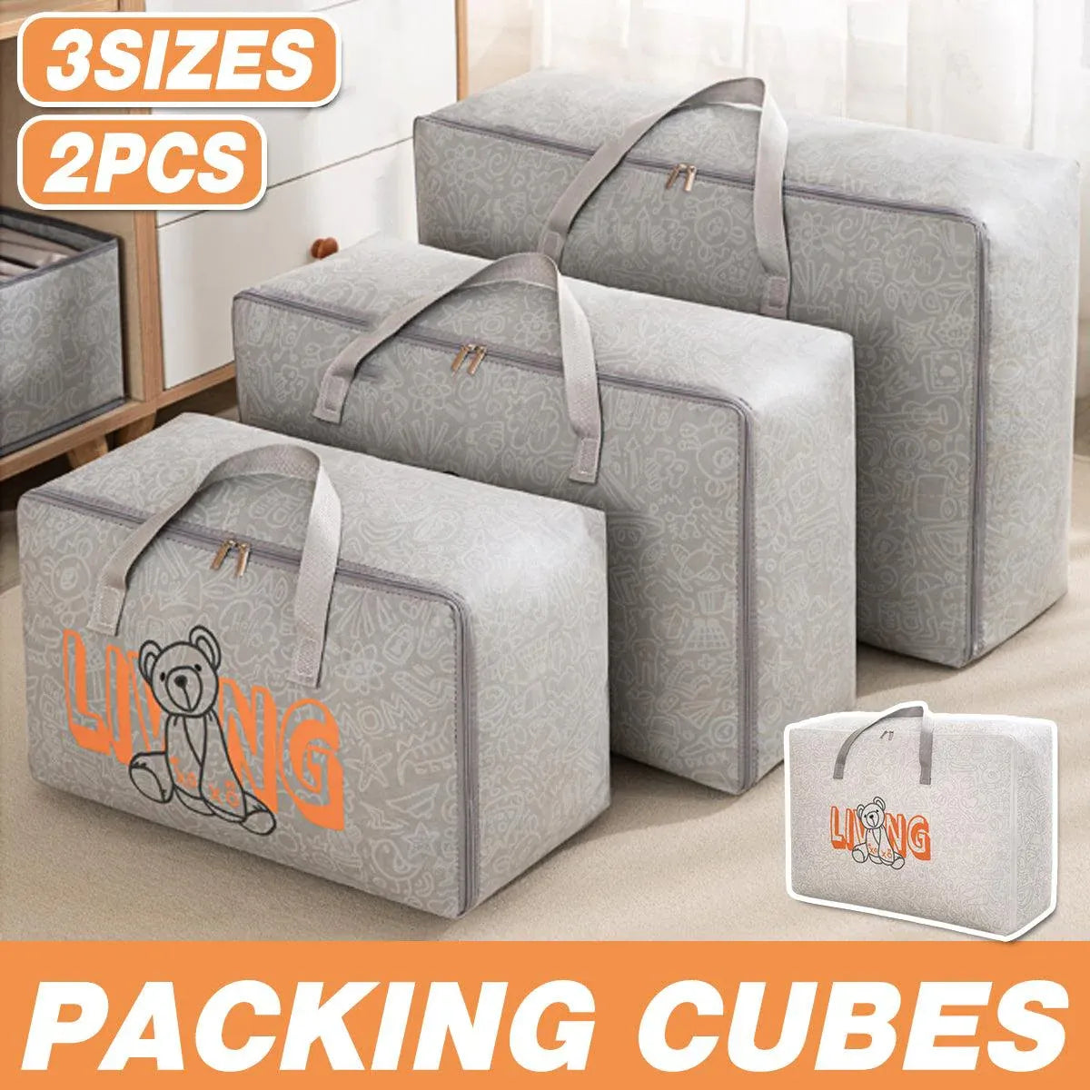 2pcs Cartoon Bear Luggage Organizer Storage Bags Blanket Quilt Closet Box Set - White-M