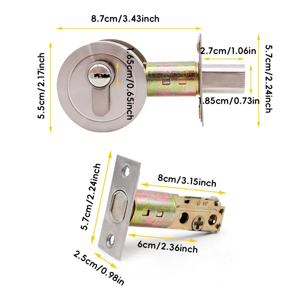 Door Double Sided Simple Lock High Strength Durable Brass Lock Core with Keys - Silver