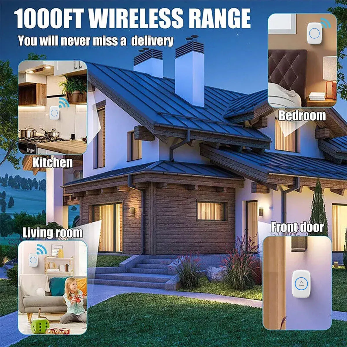 Wireless Doorbell Kit Home Call Button Remote Control White Waterproof Chime - White