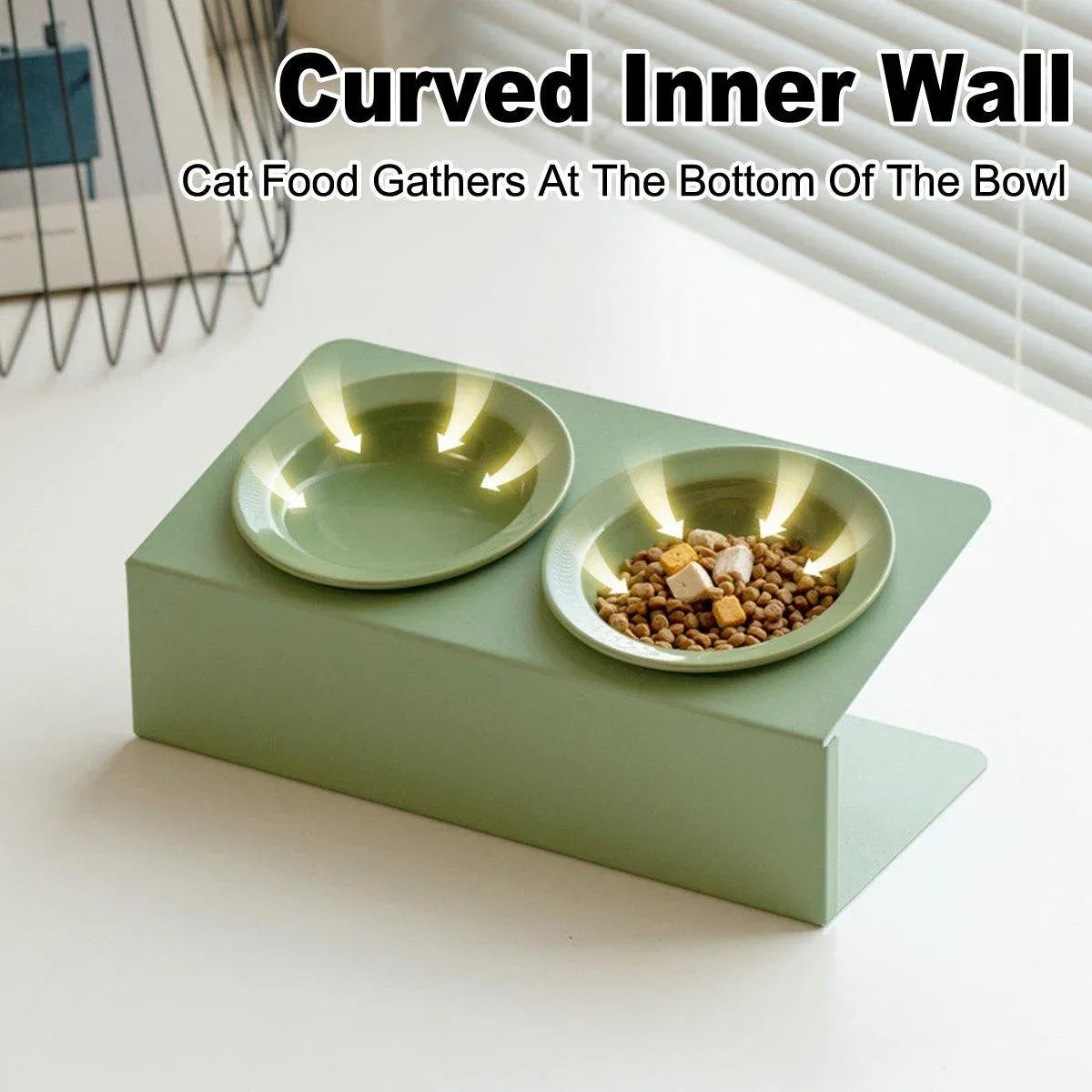 Ceramic Slanted Double Pet Bowl Cat Dog Food Water Bowl Non-Slip Feeding Dish - Green