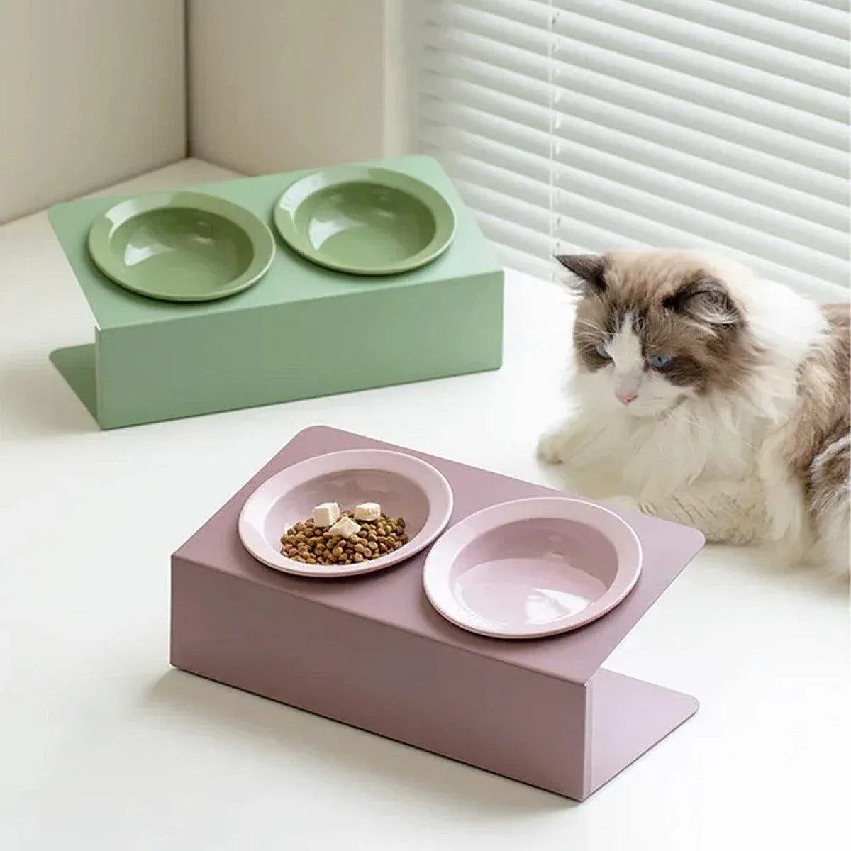Ceramic Slanted Double Pet Bowl Cat Dog Food Water Bowl Non-Slip Feeding Dish - Green