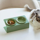 Ceramic Slanted Double Pet Bowl Cat Dog Food Water Bowl Non-Slip Feeding Dish - Green
