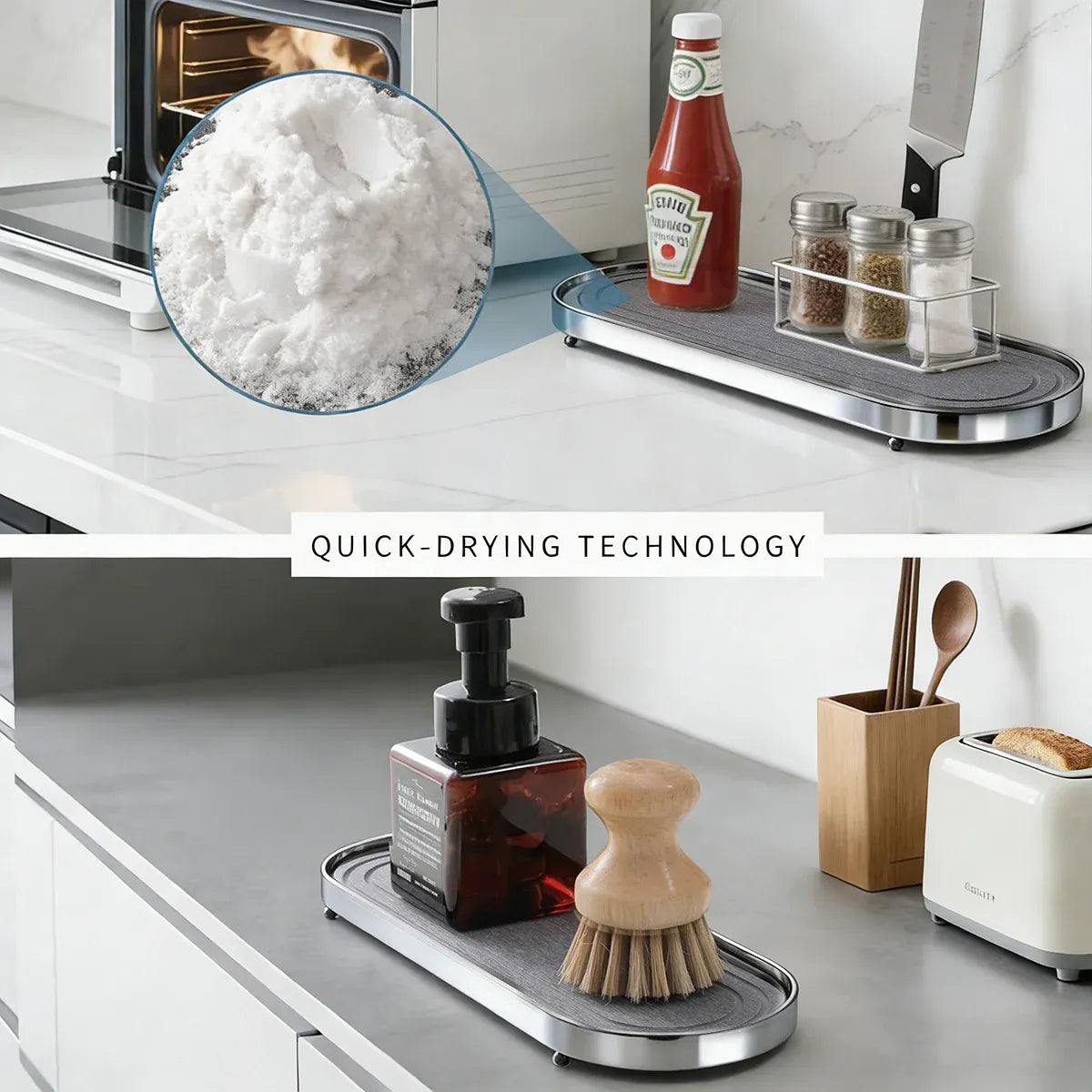 Stainless Steel Diatomite Tray Countertop Drying Mat Bathroom Kitchen Sink Organizer - Silver