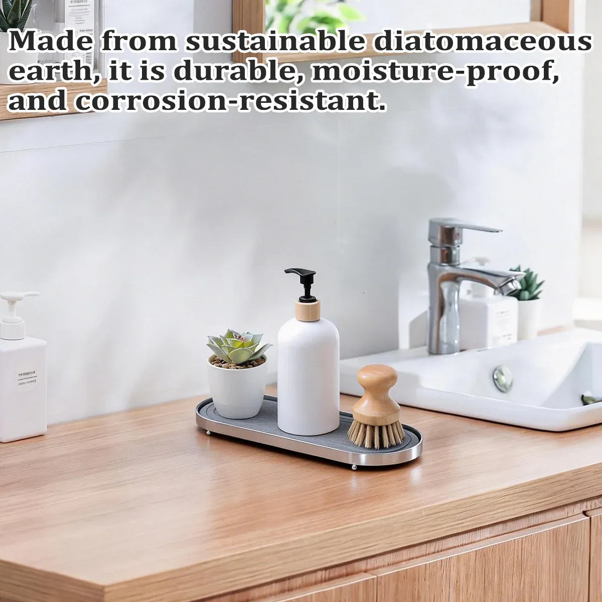 Stainless Steel Diatomite Tray Countertop Drying Mat Bathroom Kitchen Sink Organizer - Silver