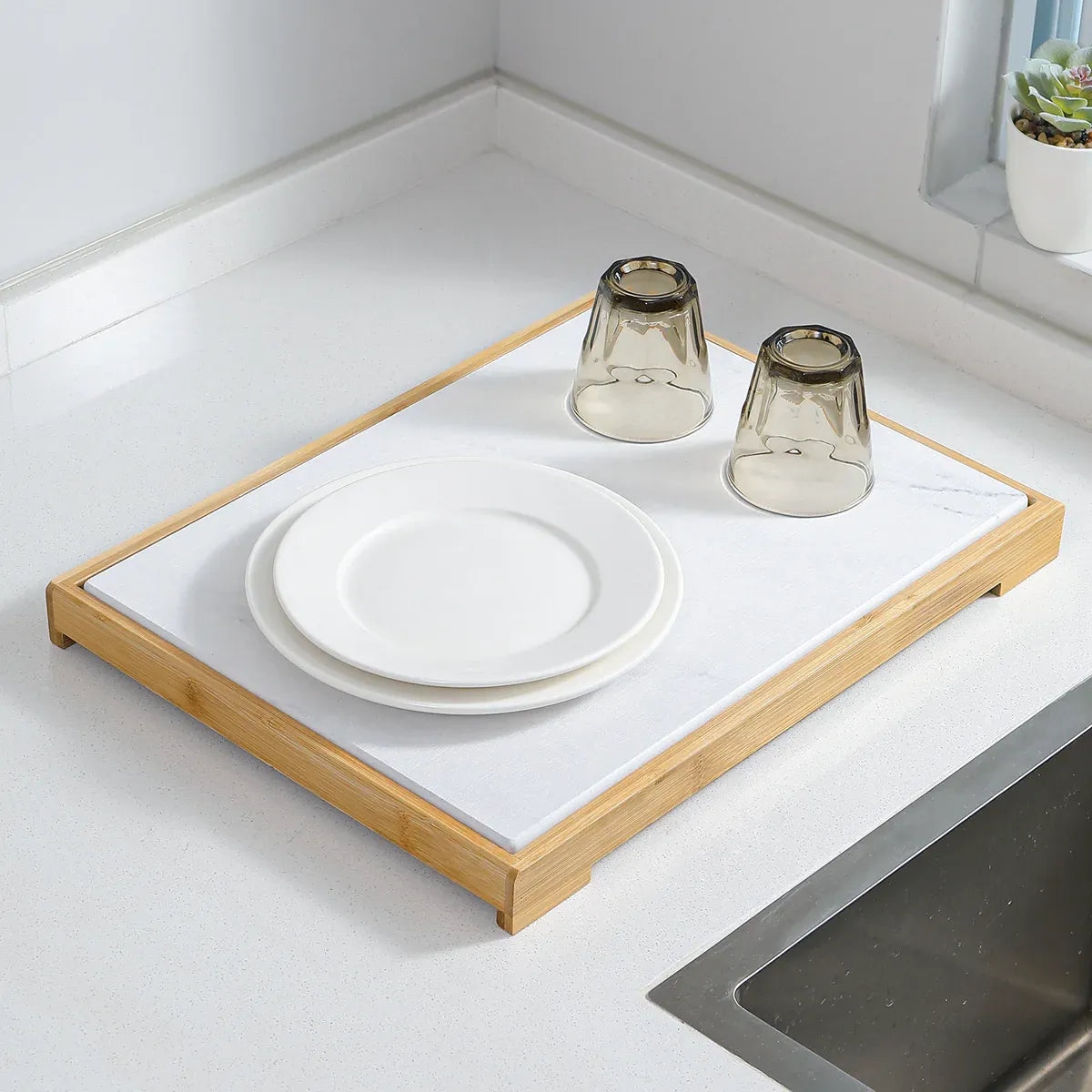 Diatomite Instant Absorbent Dry Mat With Bamboo Frame Bathroom Kitchen Dry Pad