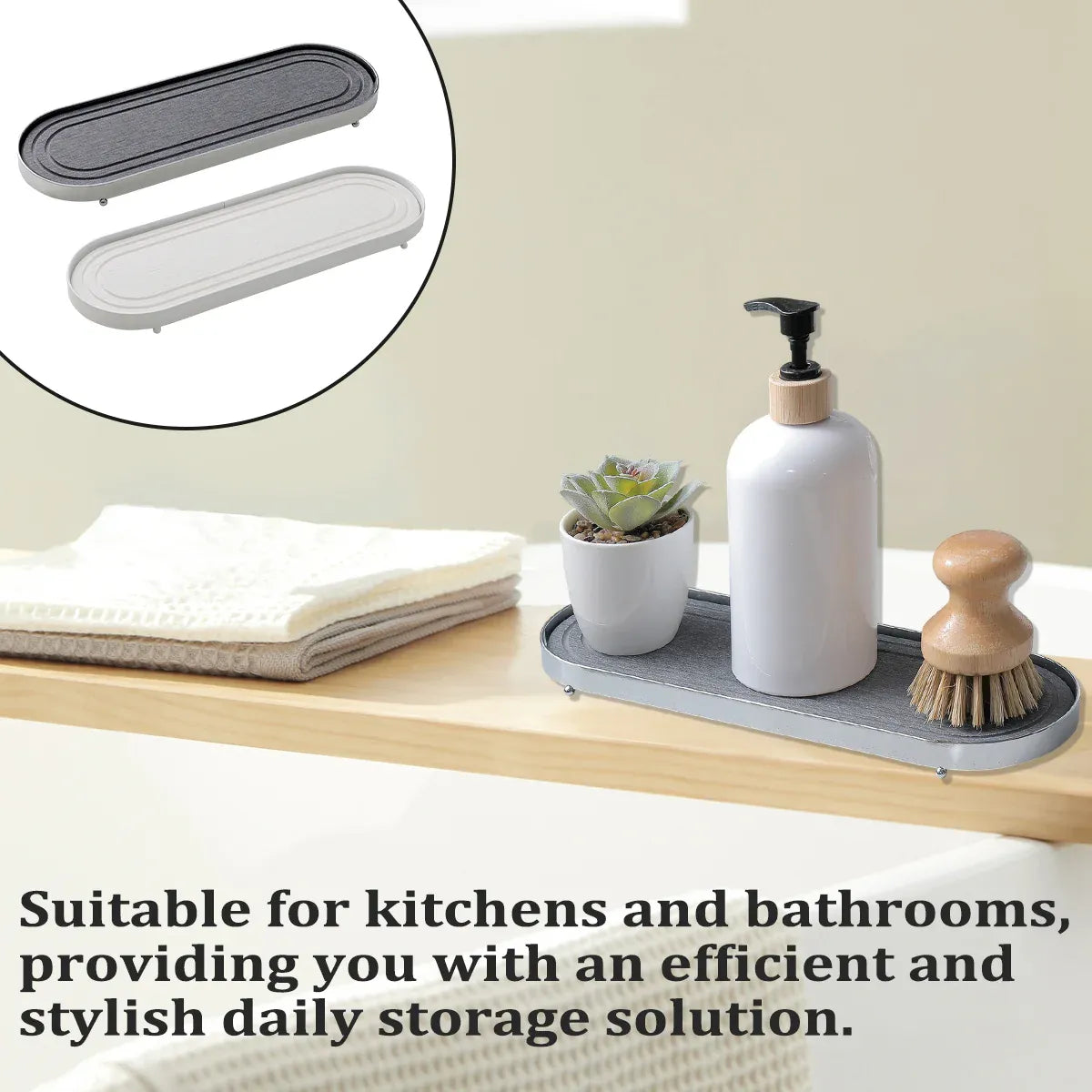 Stainless Steel Diatomite Tray Countertop Drying Mat Bathroom Kitchen Sink Organizer - White