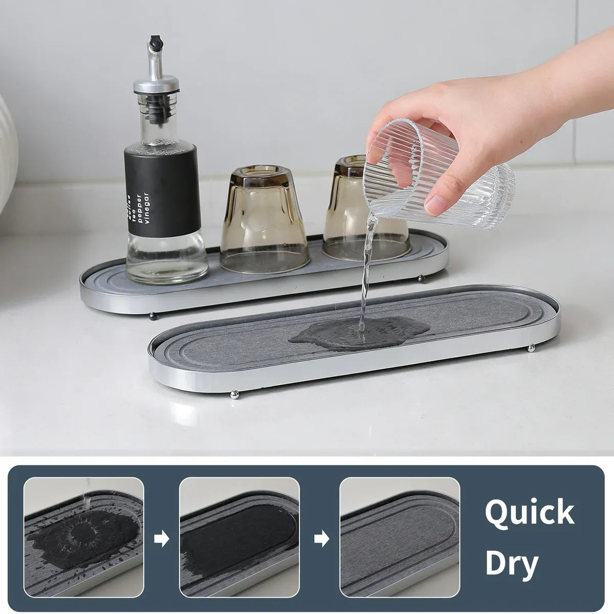 Stainless Steel Diatomite Tray Countertop Drying Mat Bathroom Kitchen Sink Organizer - White