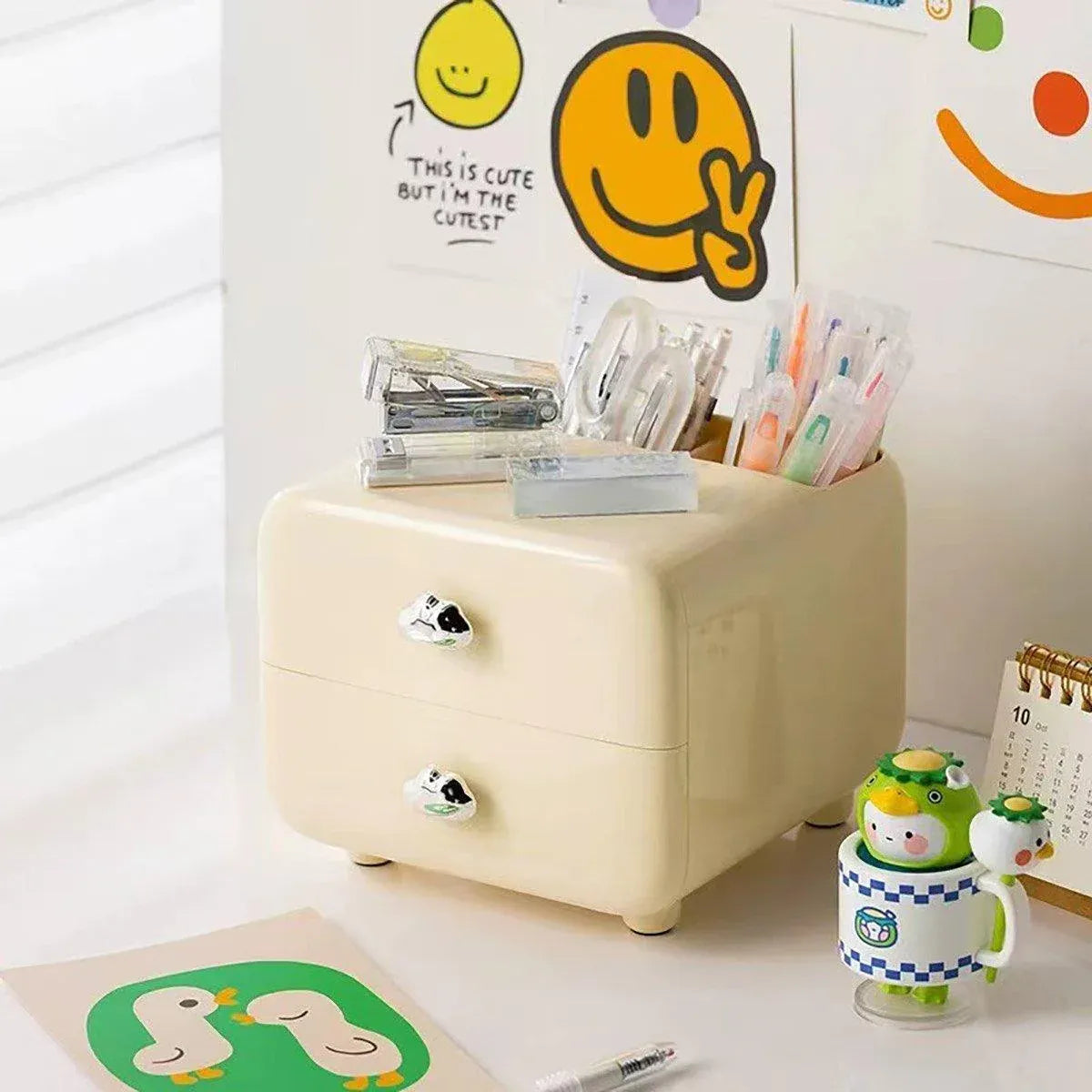 Multifunctional Desktop Organizer Storage Drawer Box for Office and Study Desks - Beige