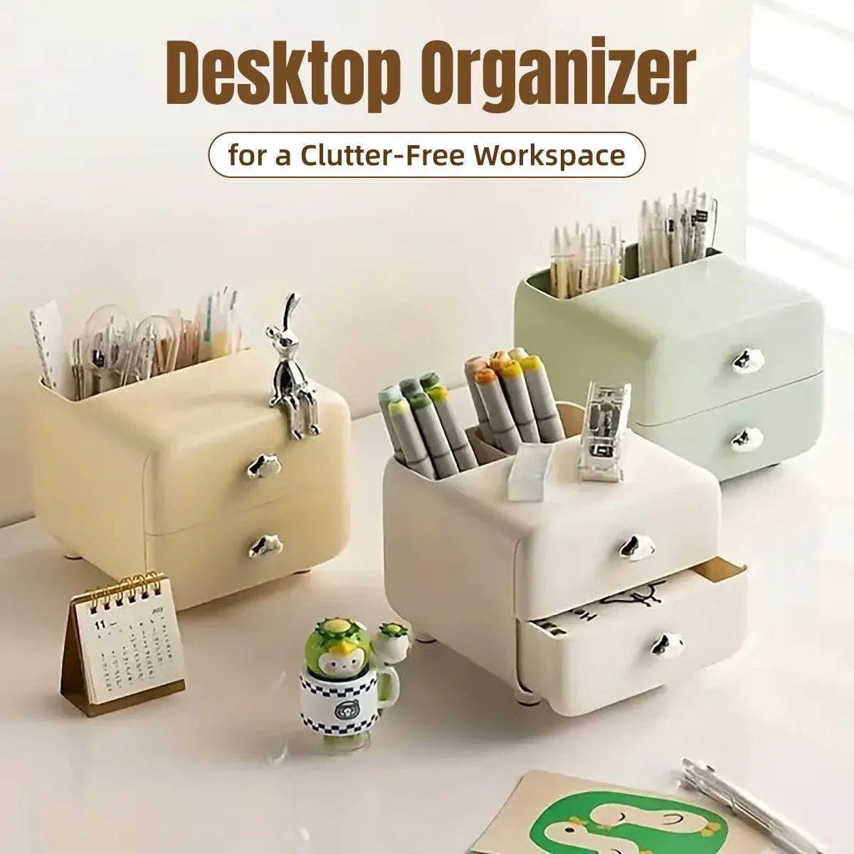 Multifunctional Desktop Organizer Storage Drawer Box for Office and Study Desks - White