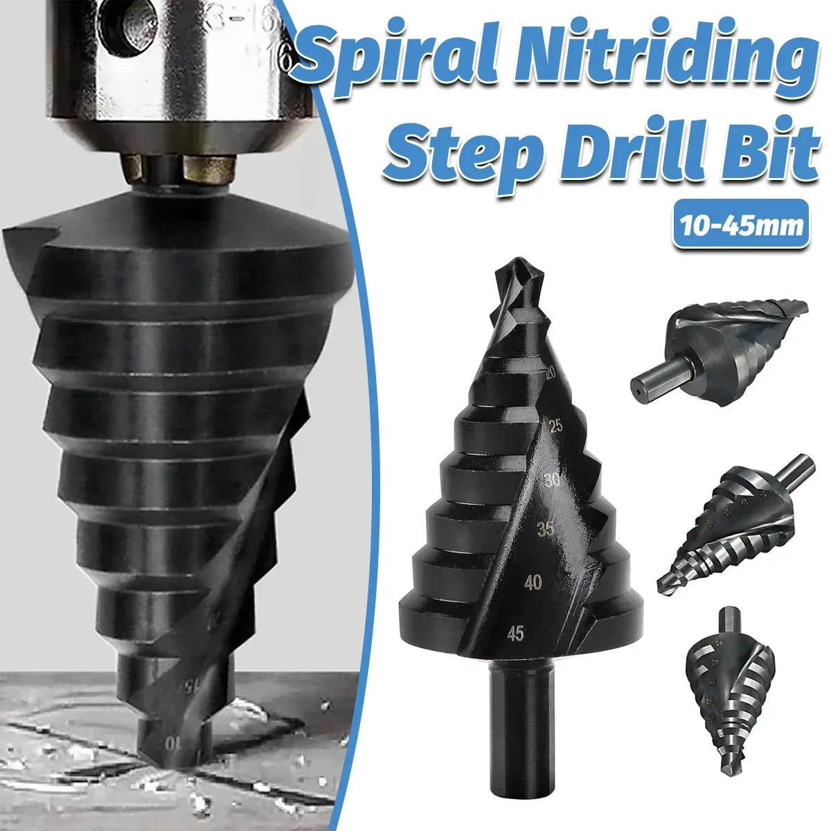 Spiral Nitriding Step Drill Bit Multi Hole Cutter 10-45mm 8 Step Sizes Cutting