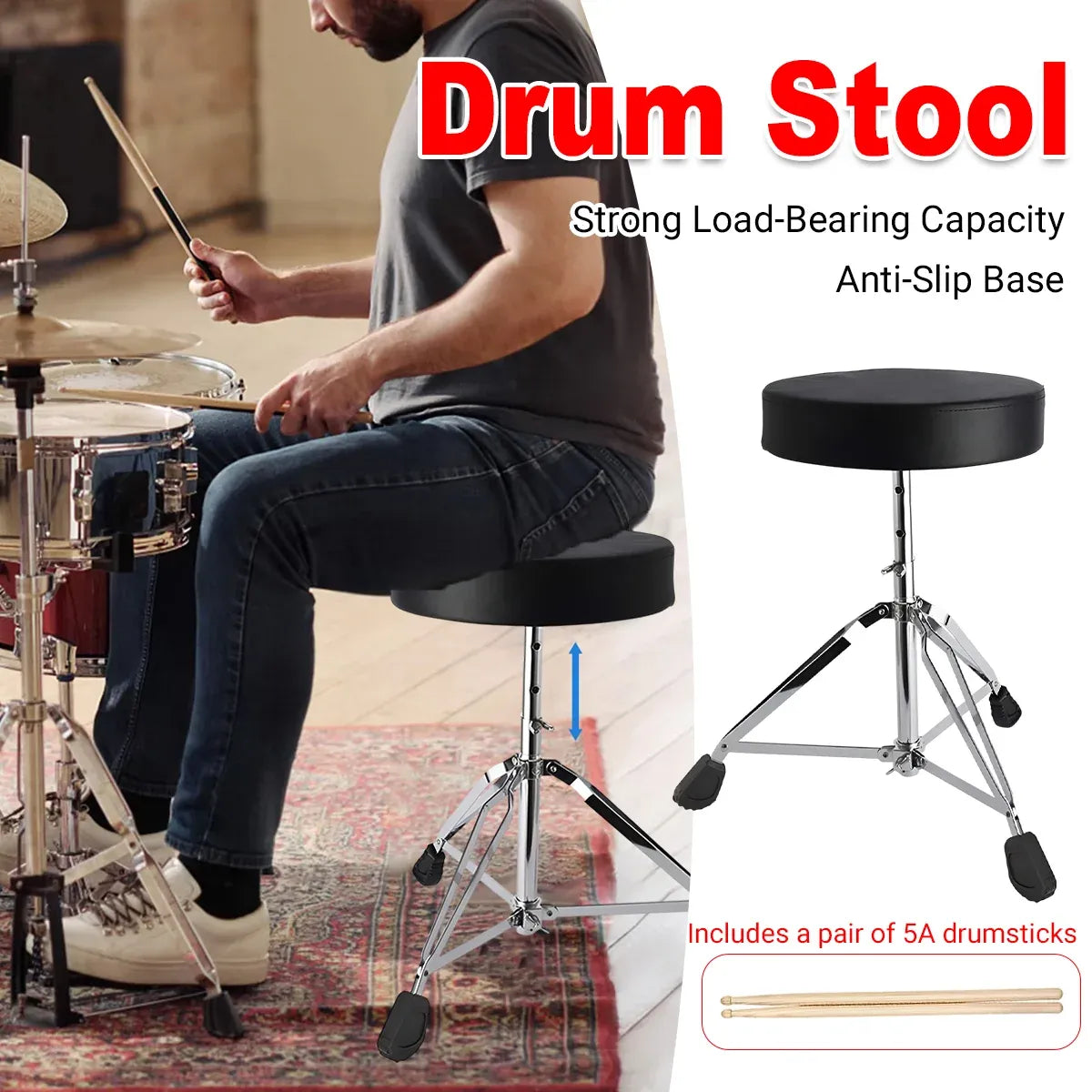 Adjustable Height Drum Throne Sturdy Stool For Jazz Drums Universal Use All Ages