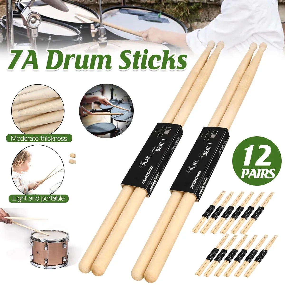 12 Pairs Drum 7A Professional Practice Solid Wood Drum Stick