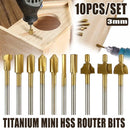 10Pcs/Set 3mm Titanium Mini HSS Router Bits Trimmer Shank For Rotary Tool