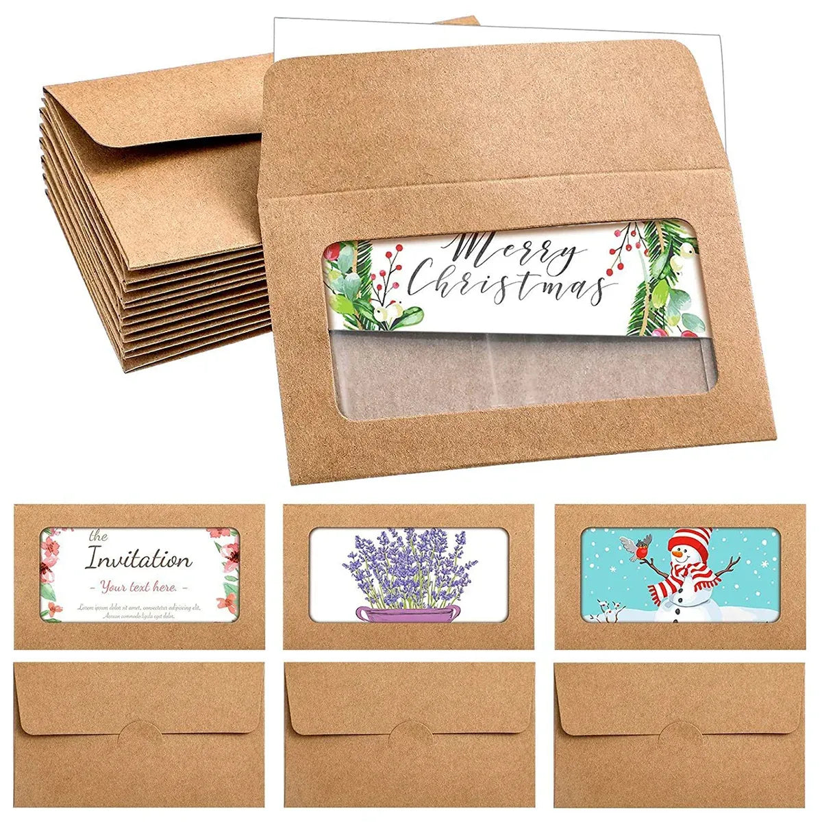 100PCS Small Kraft Paper Envelopes With Clear Window Self Seal Card Mailers - Kraft