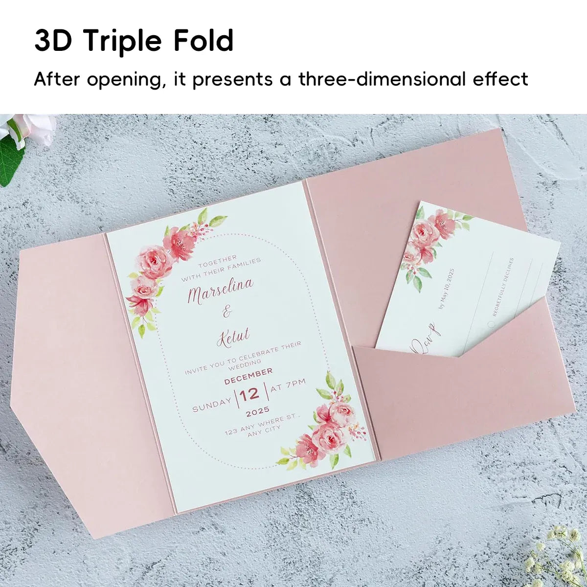20PCS 3D Tri-Fold Holiday Wedding Invitation Envelope Greeting Cards Aesthetic - Pink