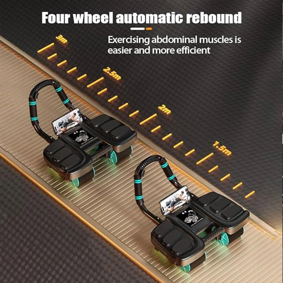 Four Wheel Abdominal Exercise Roller Elbow Support for Core Strength Training - Black