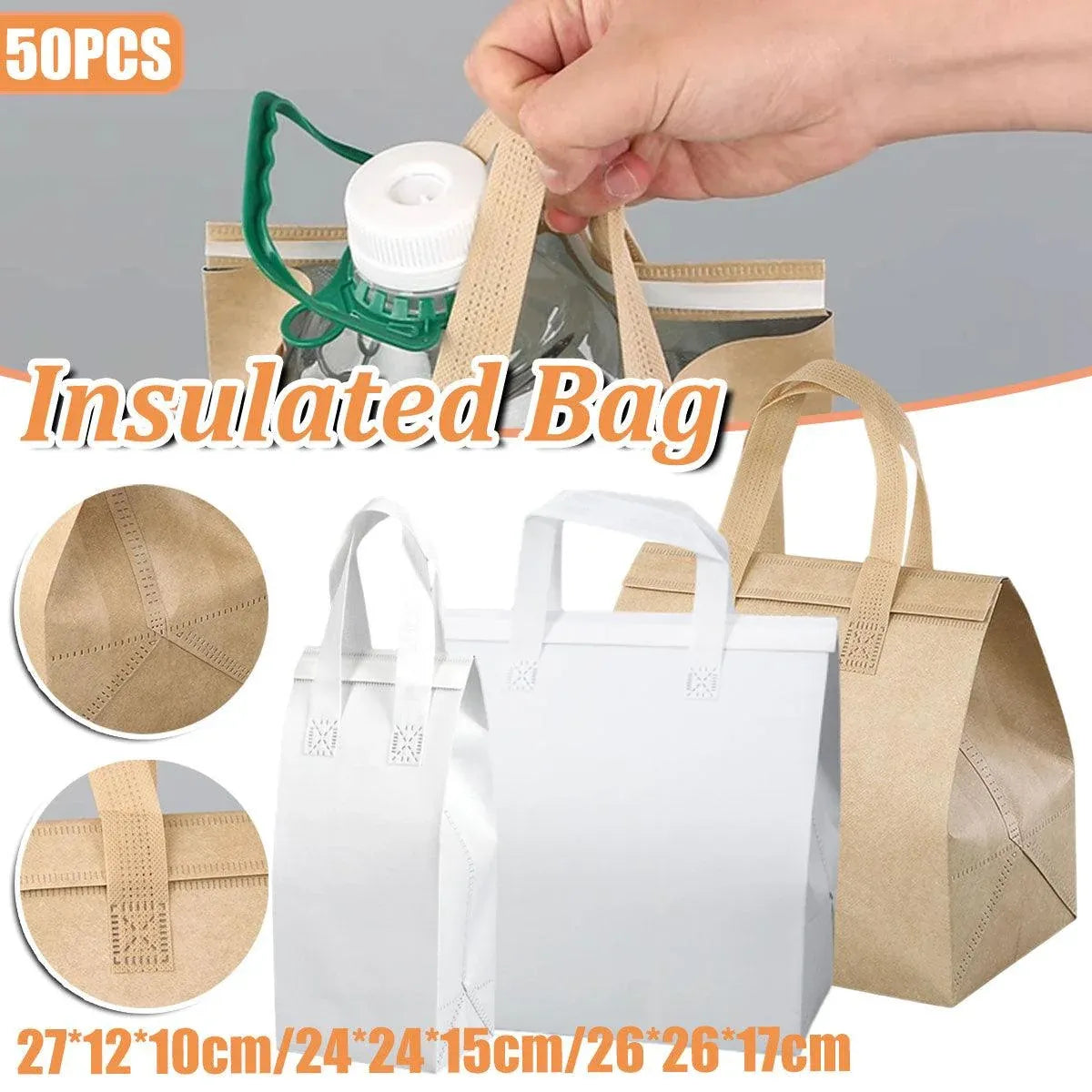 50pcs Thermal Insulation Packing Bag Non Woven Milk Tea Cake Food Storage Bag - White-27x12x10cm