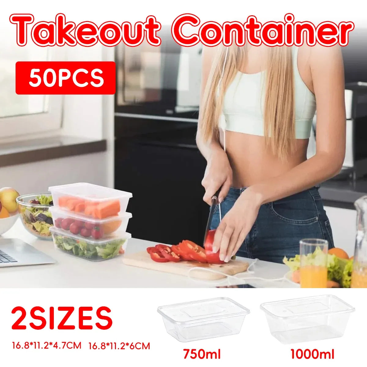 50PCS Food-Grade Disposable Square Takeout Container 750/1000ml - 750ml