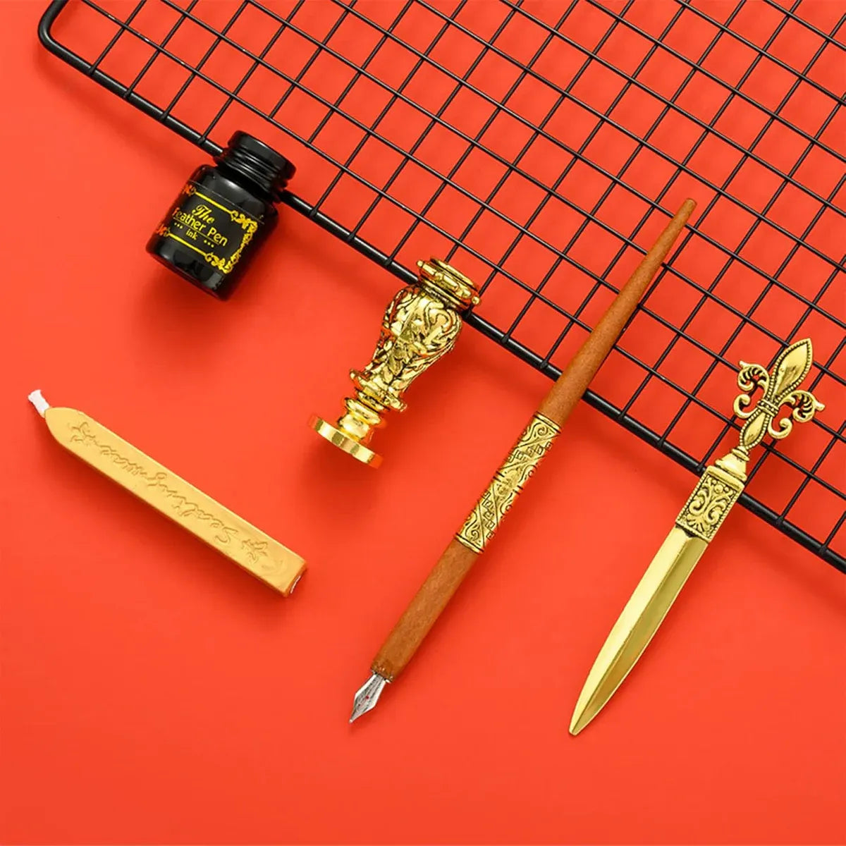 Vintage Calligraphy Quill Pen Set with Ink Wax Seal and Letter Opener  Description