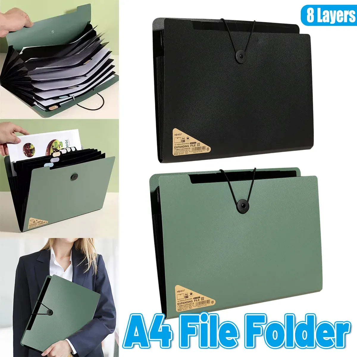 8 Cell File Folder Organizer Bag Test Paper Storage Document Holder School Office - Green