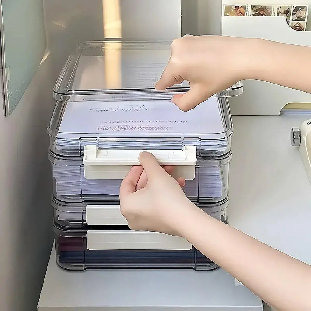 Large Capacity A4 File Storage Box Transparent Plastic Document Organizer Case - Large