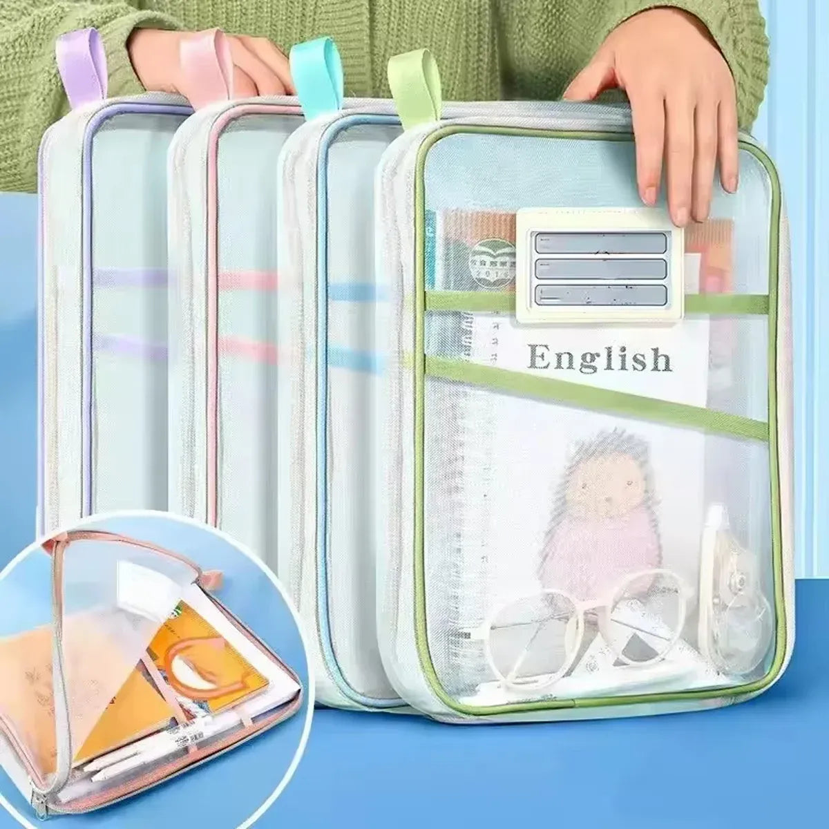 4PCS A4 Clear Zipper File Storage Bags Large Capacity for Documents Books Papers