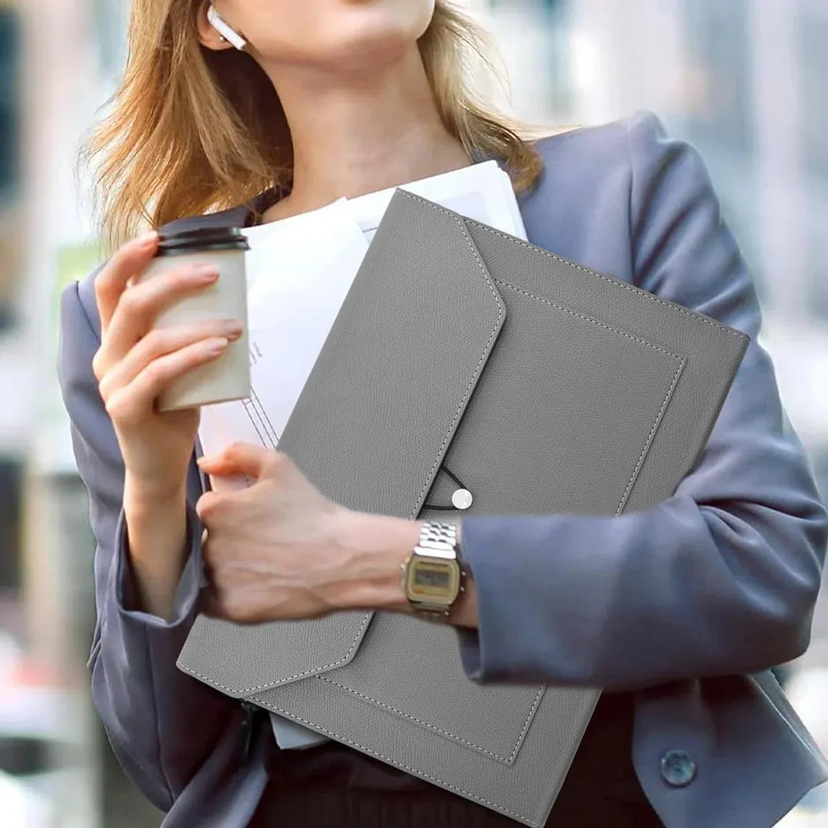 A4 Waterproof Document Bag for Office and School in PU Leather Gray