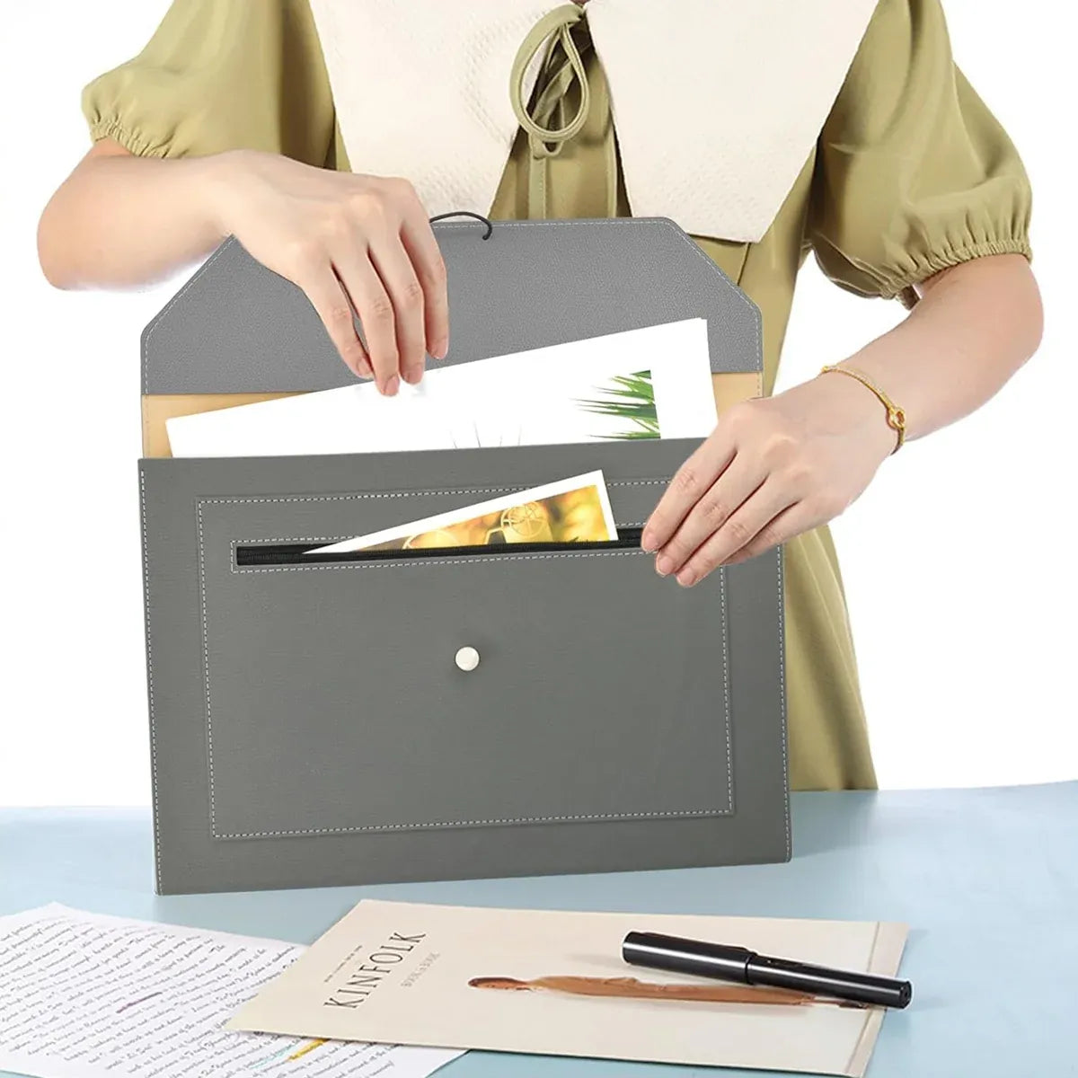 A4 Waterproof Document Bag for Office and School in PU Leather Gray