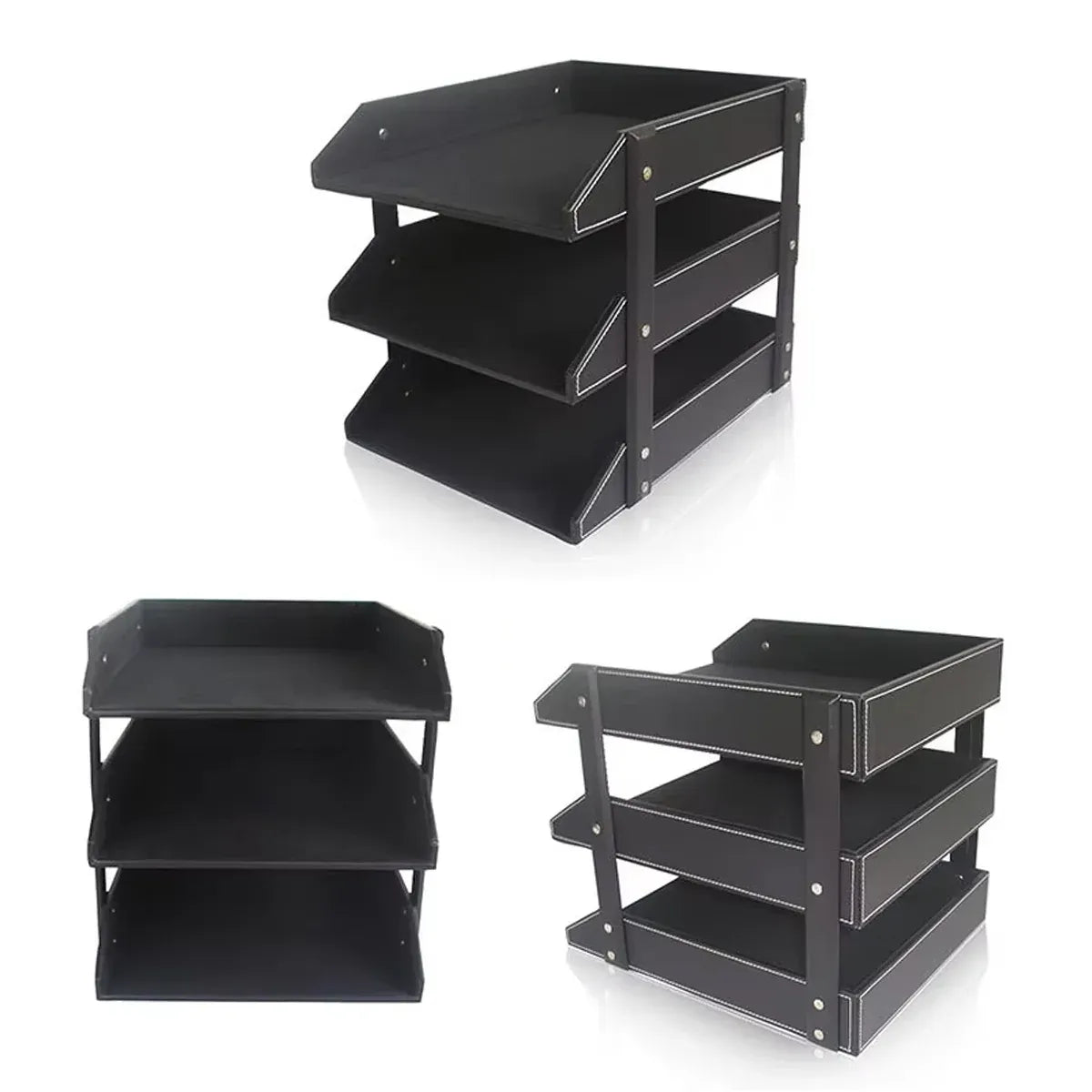 3 Tier Faux Leather File Tray Desktop Document Organiser 36.5x27.5x35cm