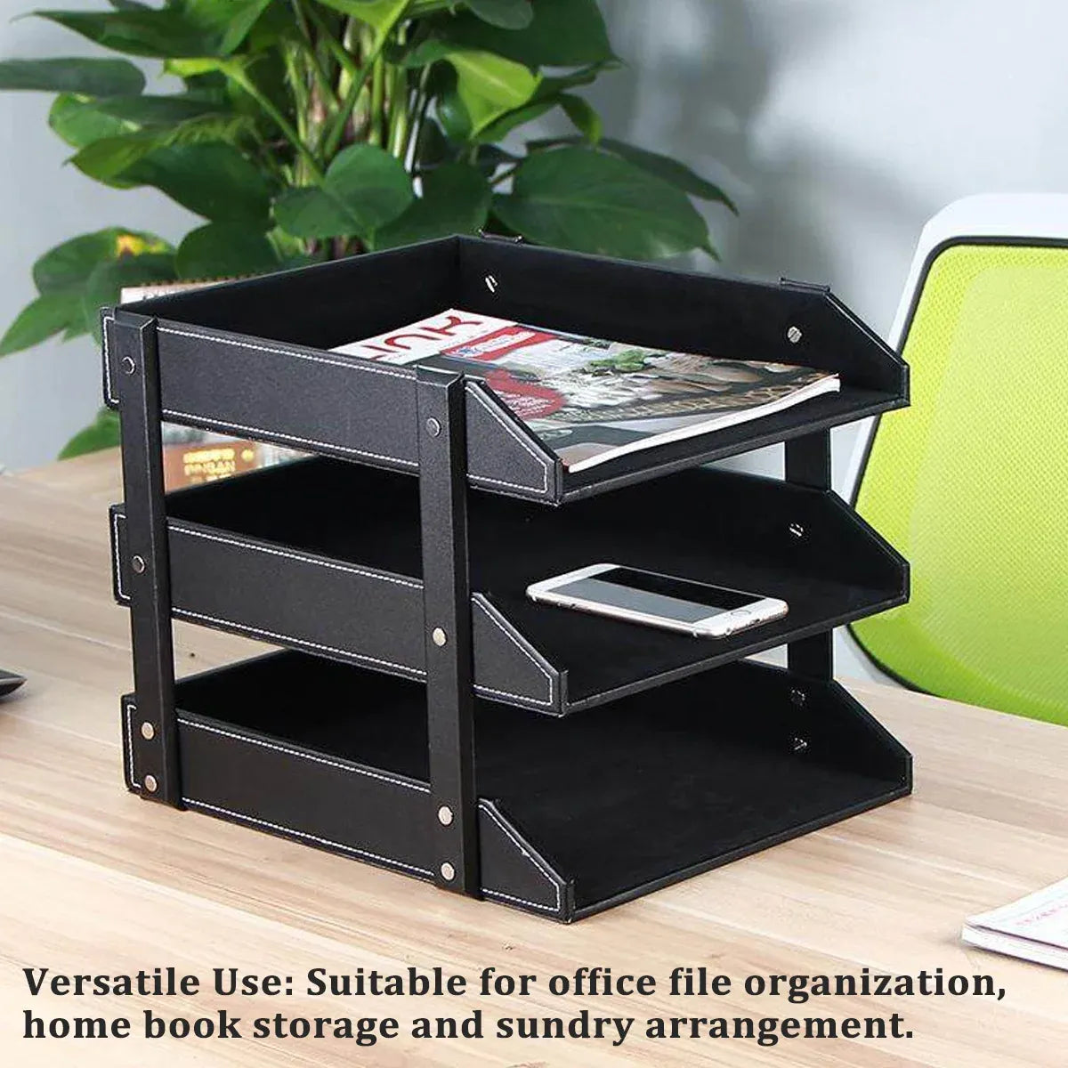 3 Tier Faux Leather File Tray Desktop Document Organiser 36.5x27.5x35cm