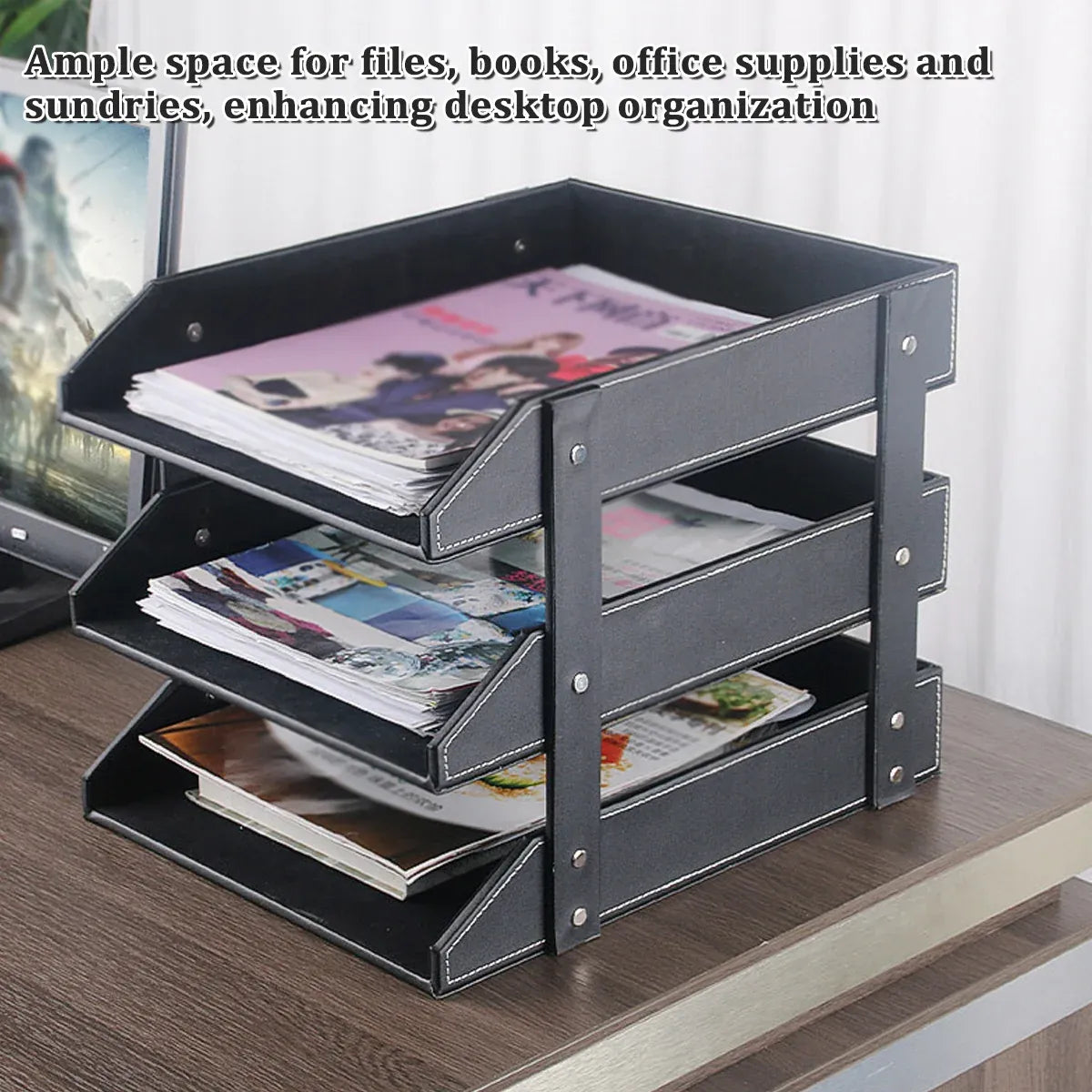 3 Tier Faux Leather File Tray Desktop Document Organiser 36.5x27.5x35cm