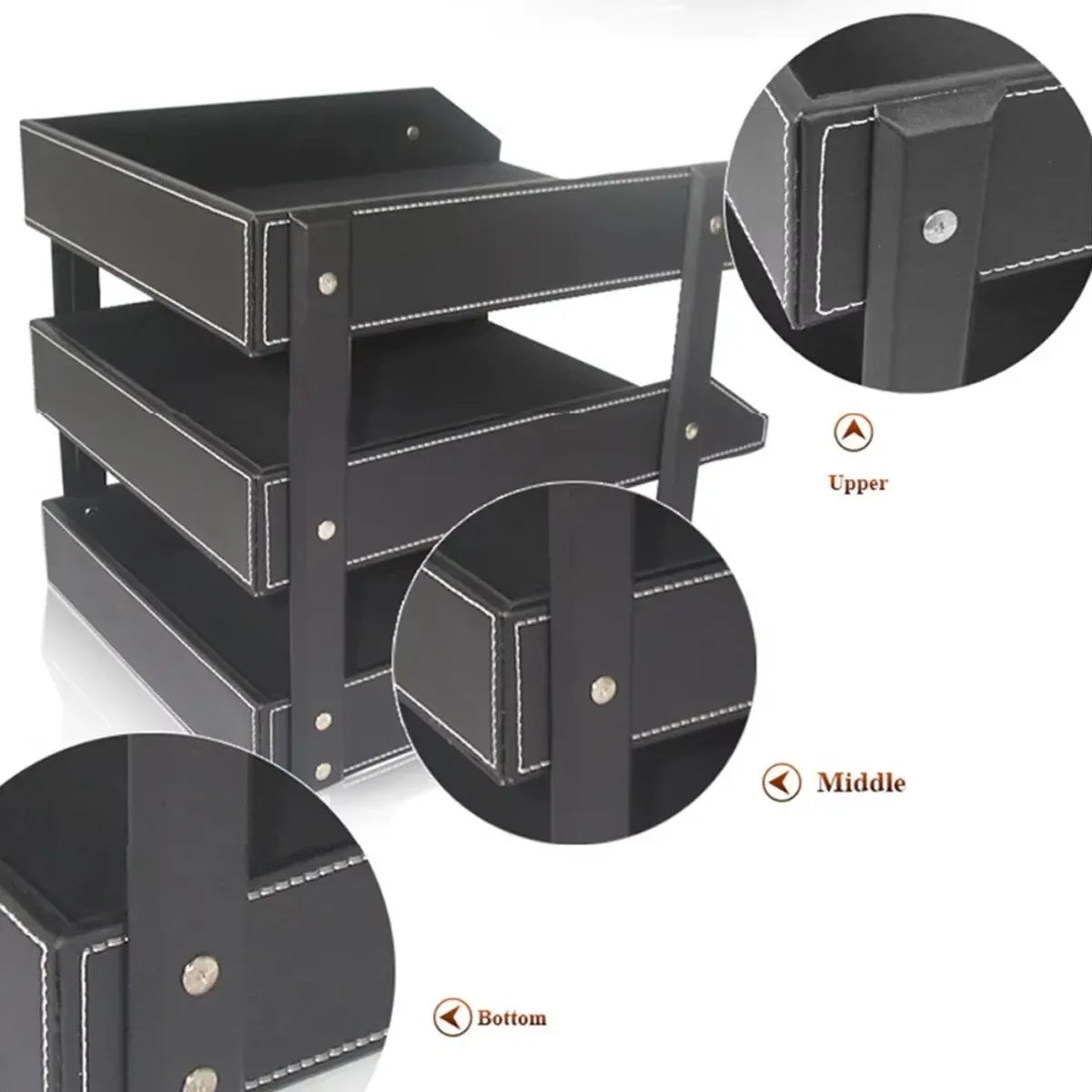 3 Tier Faux Leather File Tray Desktop Document Organiser 36.5x27.5x35cm