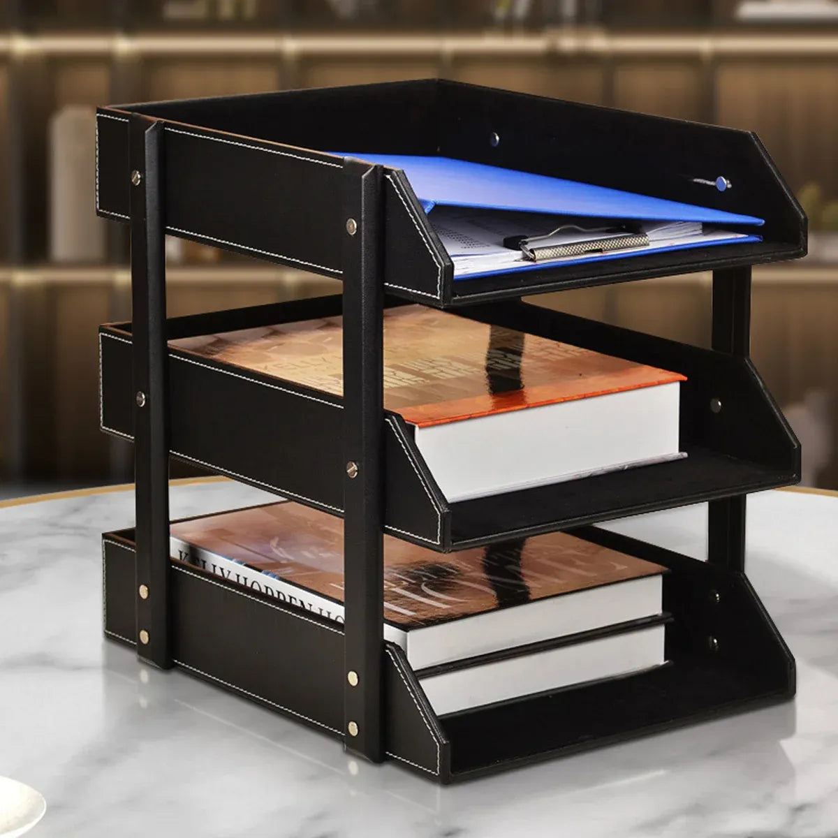 3 Tier Faux Leather File Tray Desktop Document Organiser 36.5x27.5x35cm