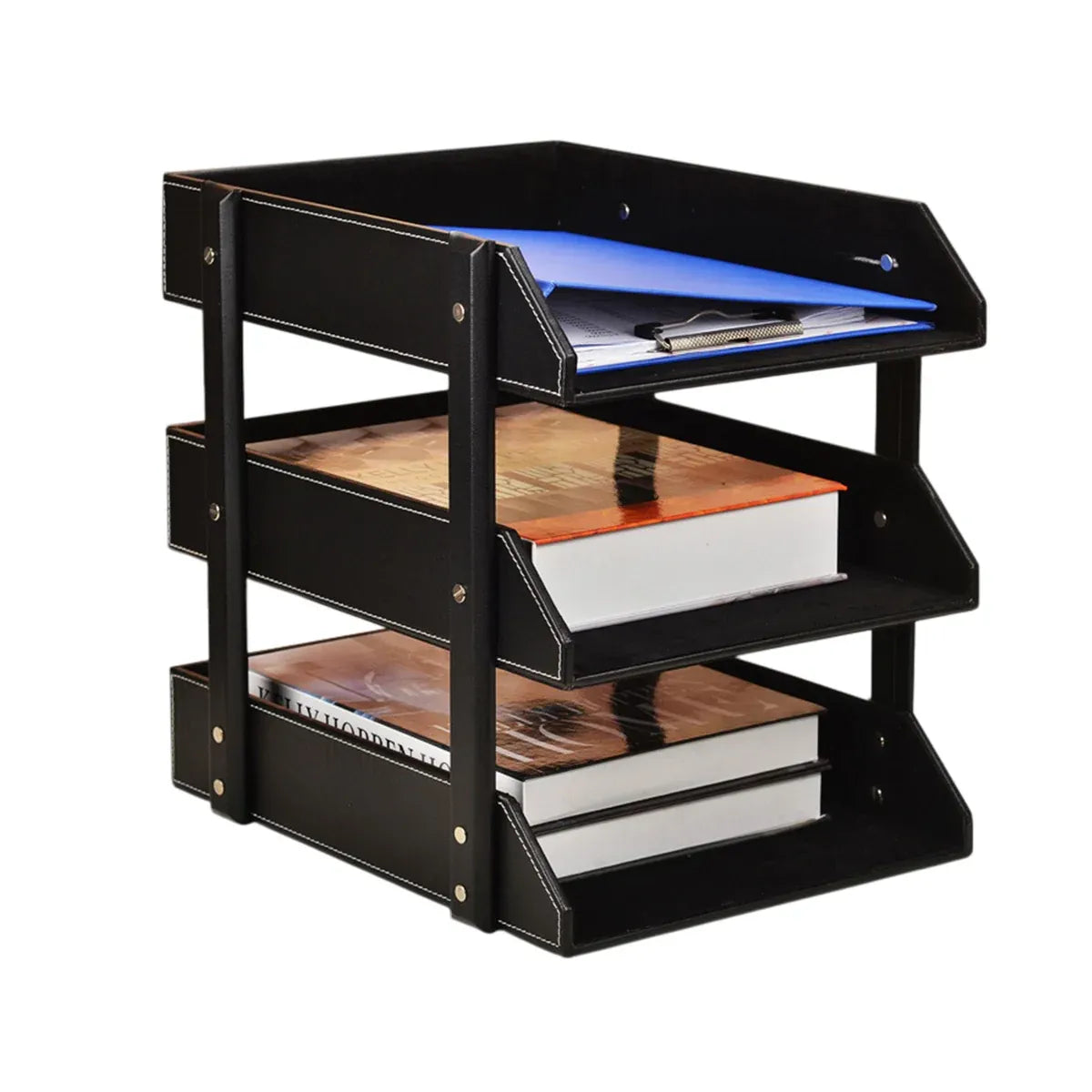 3 Tier Faux Leather File Tray Desktop Document Organiser 36.5x27.5x35cm
