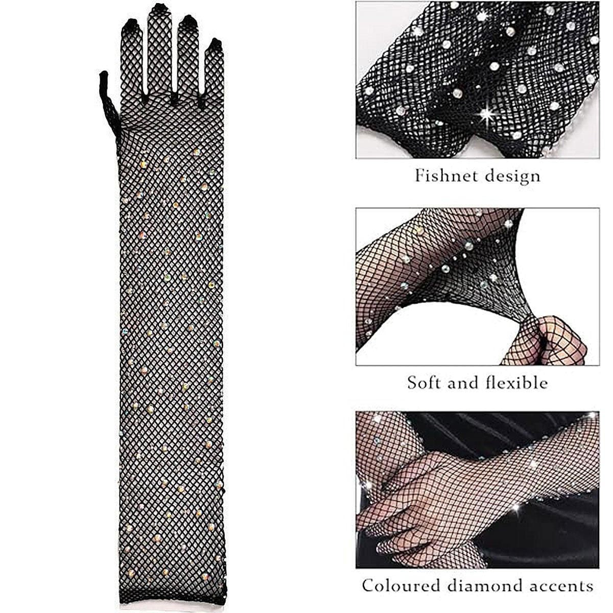 8 Pairs Black White Fishnet Gloves Long Sleeve Rhinestone Party Clubwear