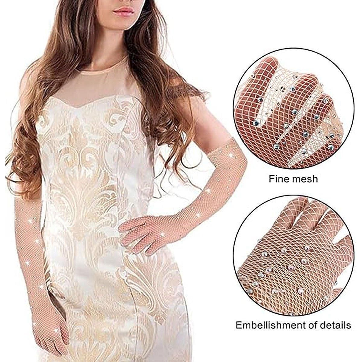 8 Pairs Black White Fishnet Gloves Long Sleeve Rhinestone Party Clubwear