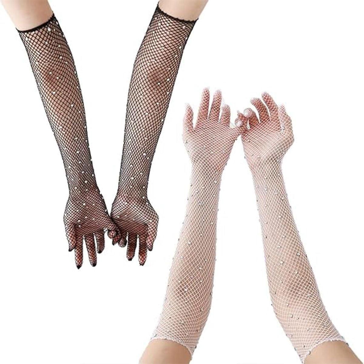 8 Pairs Black White Fishnet Gloves Long Sleeve Rhinestone Party Clubwear