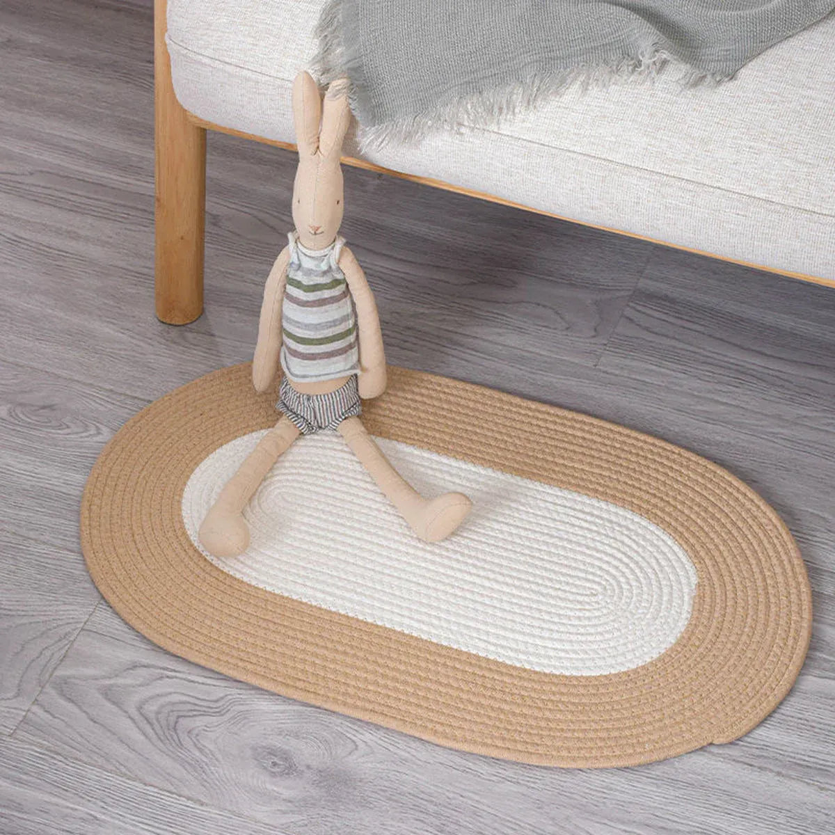 Cotton Floor Mat Oval Non Slip Carpet Household Soft Washable Rug for Bedroom - White