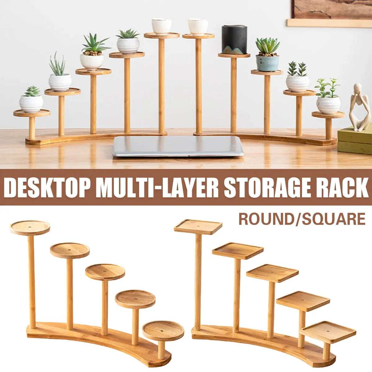 Bamboo Indoor Desktop Flower Stand for Living Room Office MultiTier Plant Holder - Round