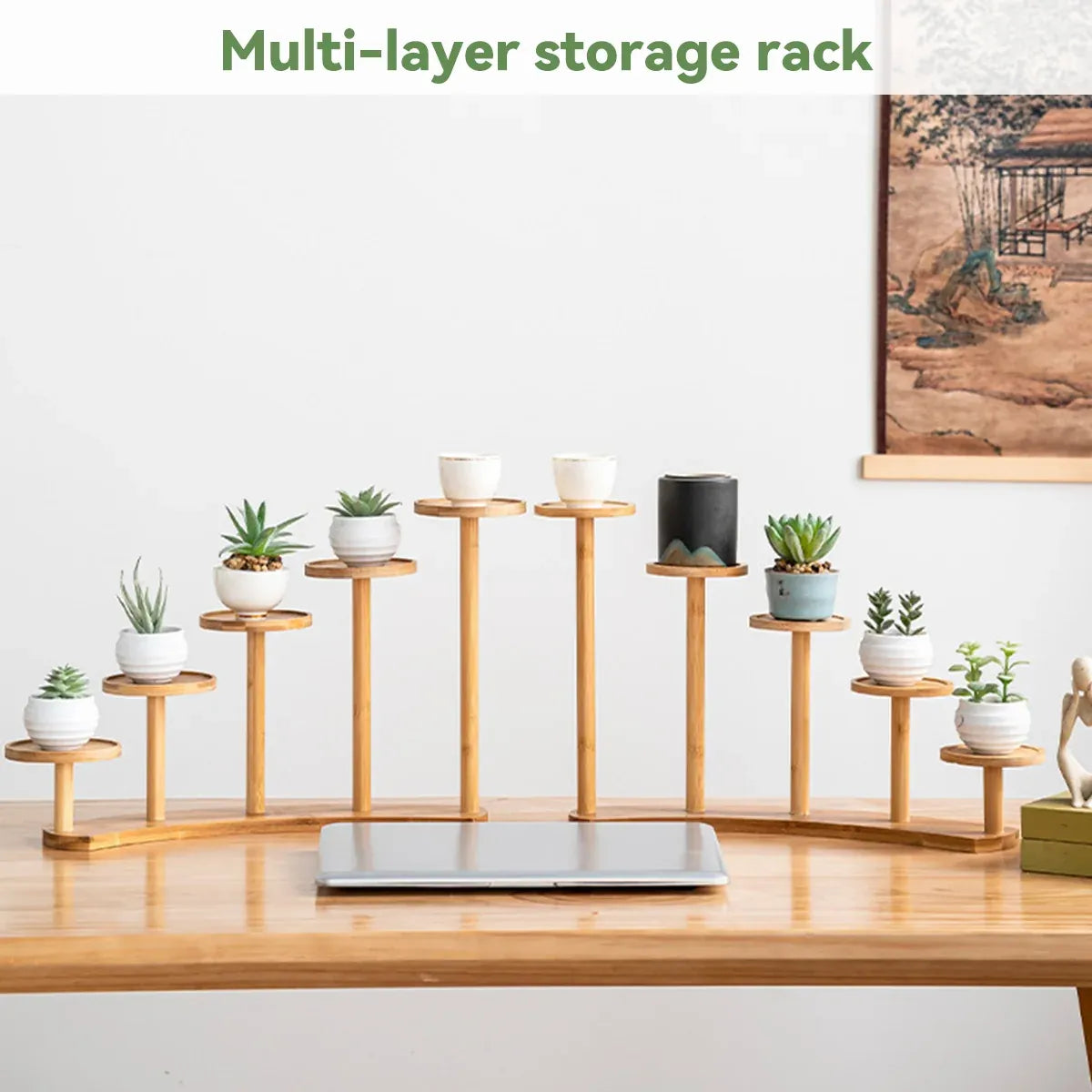 Bamboo Indoor Desktop Flower Stand for Living Room Office MultiTier Plant Holder - Round