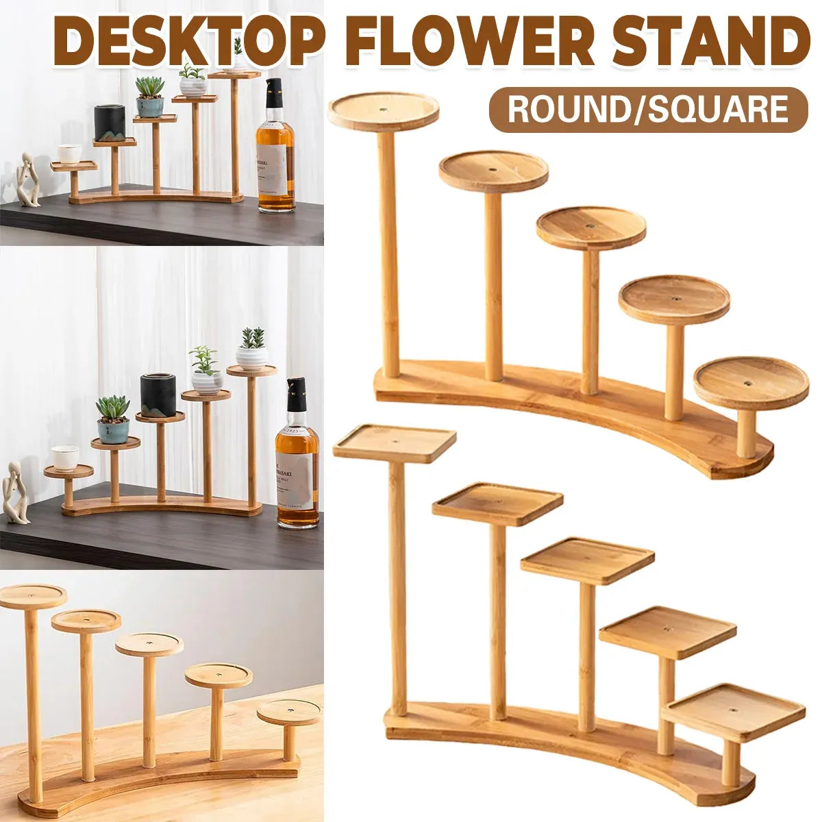 Bamboo Indoor Desktop Flower Stand for Living Room Office MultiTier Plant Holder - Round
