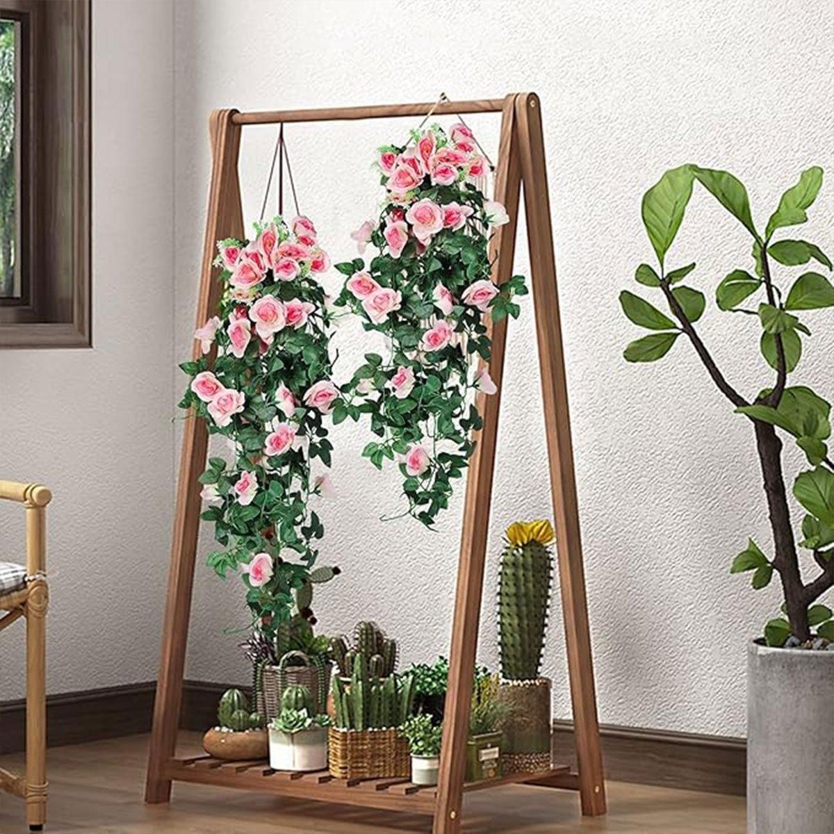 2PCS Artificial Rose Flower Garland Hanging Vine Home Wall Decor Fake Rattan - Red