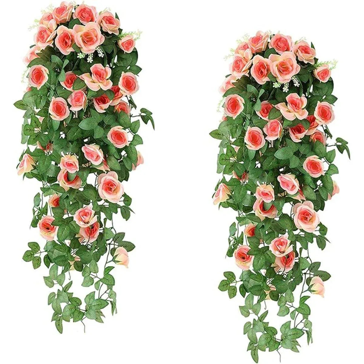 2PCS Artificial Rose Flower Garland Hanging Vine Home Wall Decor Fake Rattan - Red