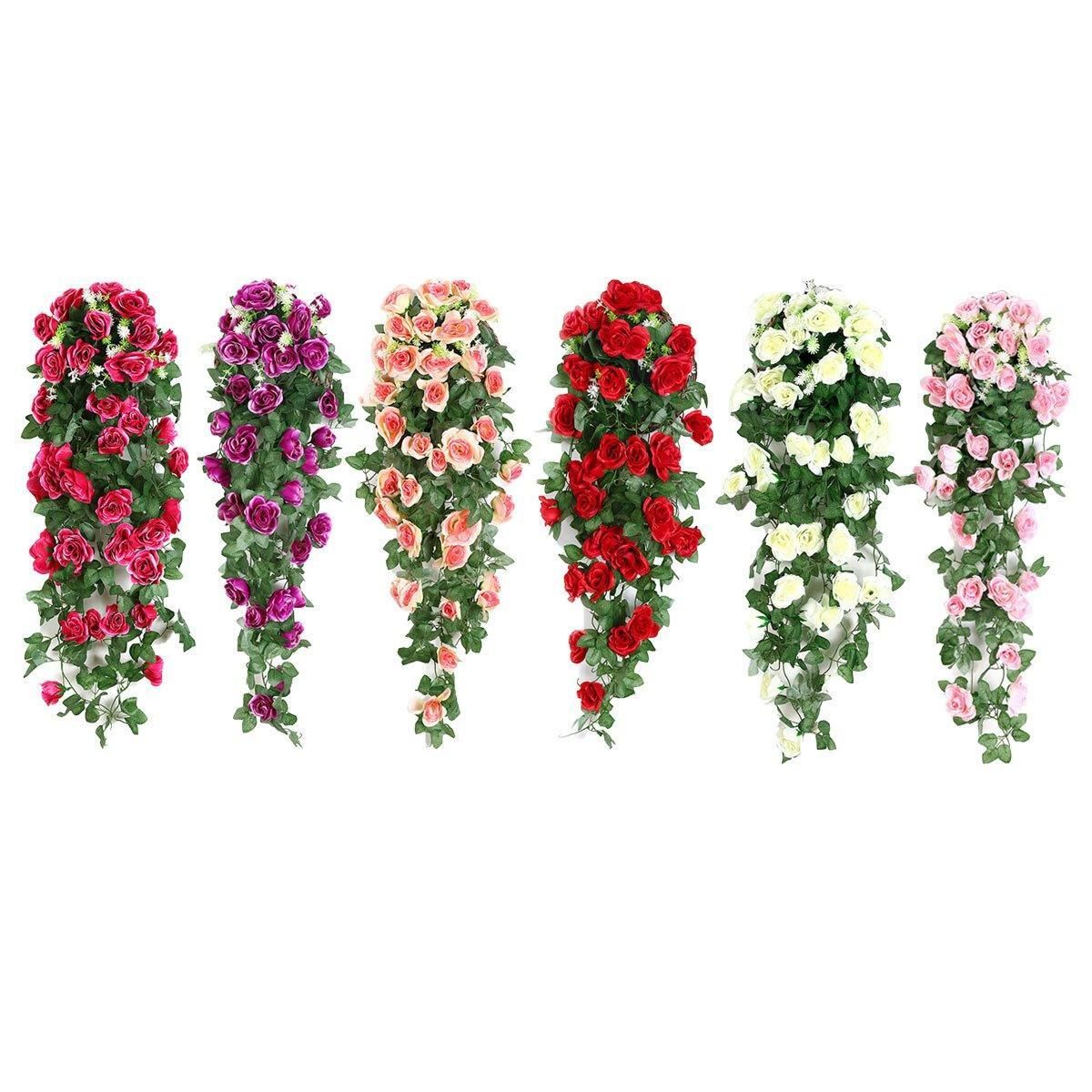 2PCS Artificial Rose Flower Garland Hanging Vine Home Wall Decor Fake Rattan - Red
