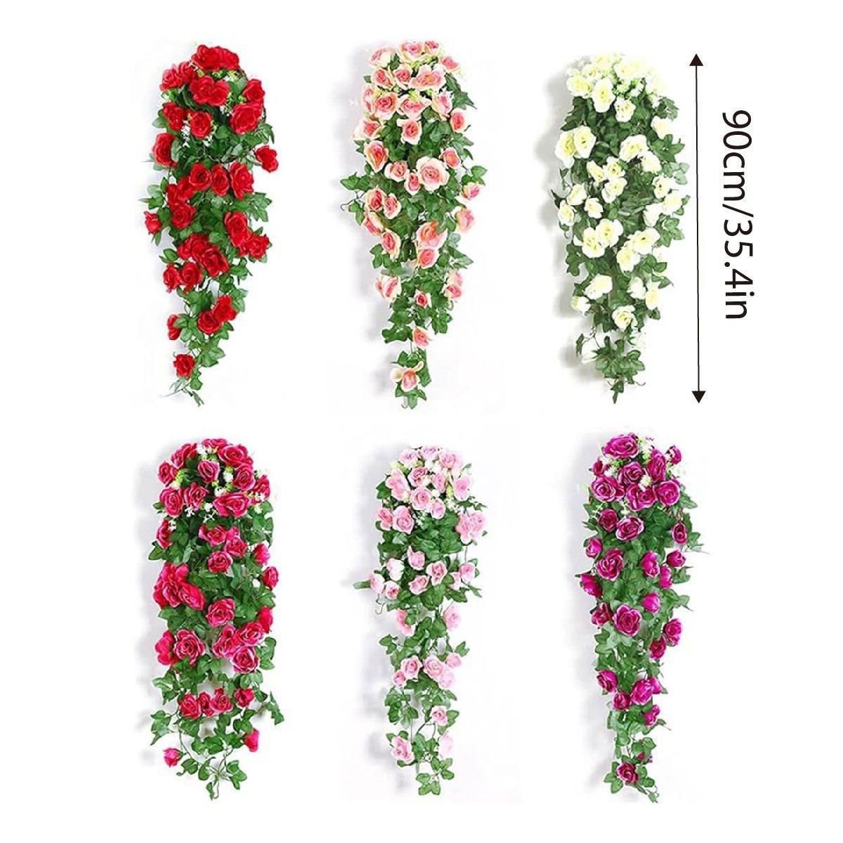 2PCS Artificial Rose Flower Garland Hanging Vine Home Wall Decor Fake Rattan - White