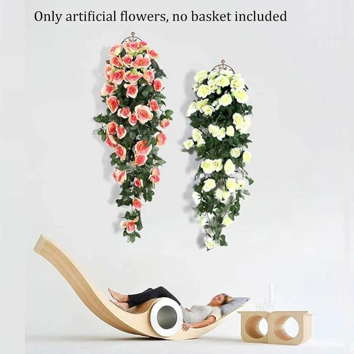 2PCS Artificial Rose Flower Garland Hanging Vine Home Wall Decor Fake Rattan - White