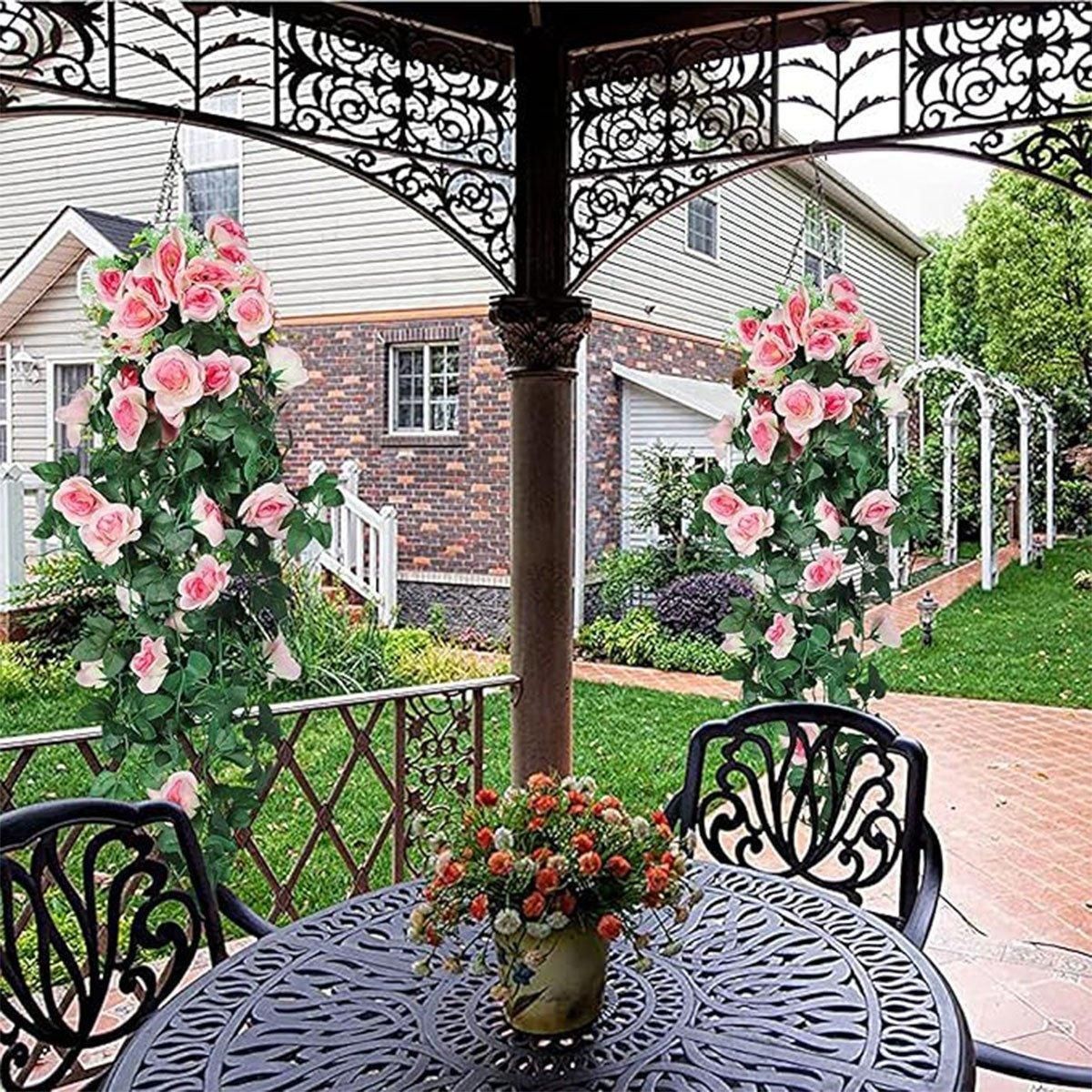 2PCS Artificial Rose Flower Garland Hanging Vine Home Wall Decor Fake Rattan - White