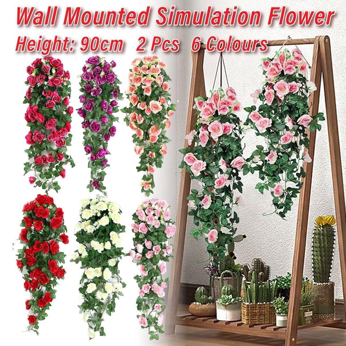2PCS Artificial Rose Flower Garland Hanging Vine Home Wall Decor Fake Rattan - White